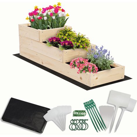 MODO24 Carré potager surélevé en bois, 3 niveaux en cascade, 27x30x93 cm, jardin/terrasse, kit jardinier inclus, naturel