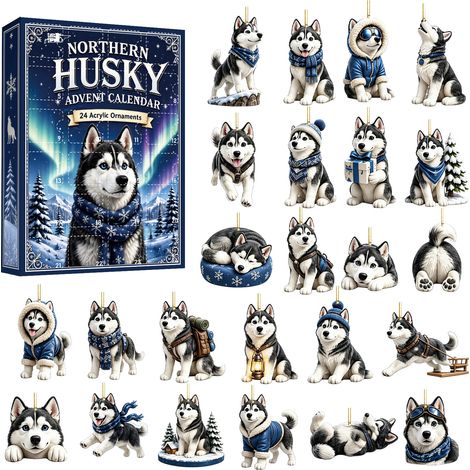 Husky-Adventskalender 2026 – 24 verschiedene 2D-Acryl-Dekorationsfiguren mit Huskys in winterlicher Festtagskleidung – 24-tägiger Countdown-