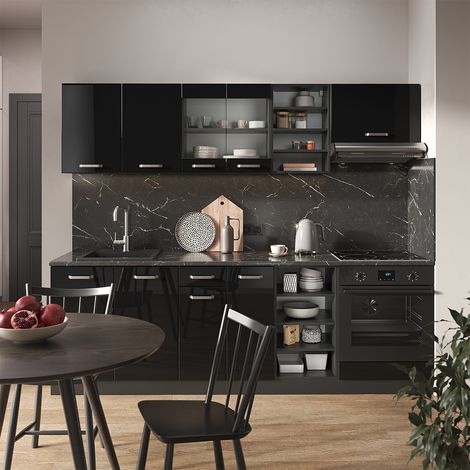 Küchenzeile R-Line, Schwarz Hochglanz/Anthrazit, 240 cm ohne Arbeitsplatte, Vicco (1/5)