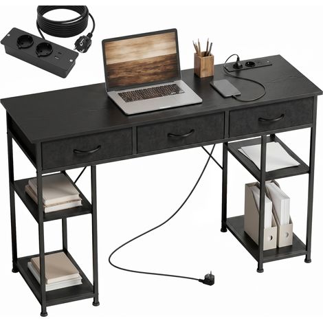 Bureau avec rangement - HOMCOM - prises de courant, 3 tiroirs en tissu et 4 étagères de rangement - 120 x 40 x 76 cm - noir (1/5)