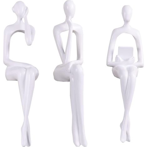 Lot de 3 Statues, Penseur, Résine, Finition dorée, Abstrait, Assis, Décoration salon, Bureau, Étagère