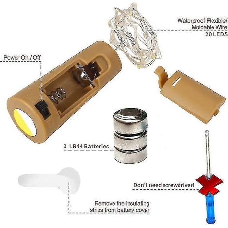 12 Flaschenlichter, Korkenlichter für Weinflaschen, 2 m lange Lichterkette mit 20 LEDs