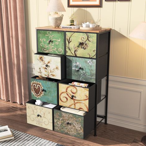 Retro Kommode mit Blumenmuster, 67,5x30x100 cm, 8 Stoffschubladen, vielseitiger Stauraum für Wohnzimmer, Schlafzimmer, Flur