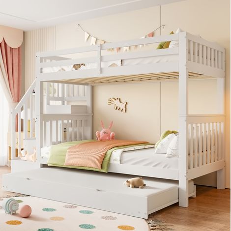 Etagenbett 90/200 cm Weiß mit Ausziehbett, Treppenregal und hohen Schutzgittern (1/5)