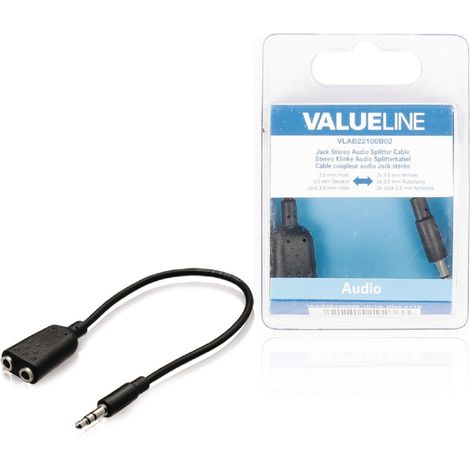 Câble répartiteur audio stéréo Valueline VLAB22100B02 : prise jack 3,5 mm mâle - 2 prises jack 3,5 mm femelles, 0,20 m, noir (1/4)