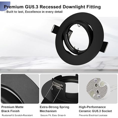 Spot Encastrable GU5.3 Orientable 12V – Cadre Rond 68mm Noir Mat avec Douille GU5.3, Meubles et Plafond (1/4)
