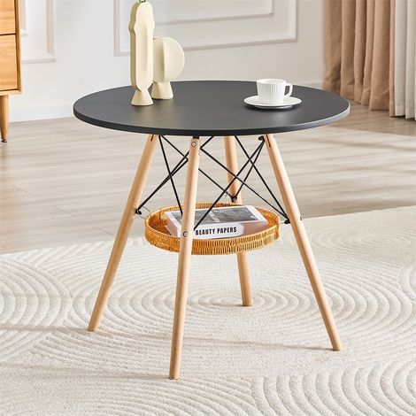 Table à Manger Ronde avec Étagère Suspendue - Ø80x71.5cm - Cuisine Style Scandinave en Bois Massif MDF - Noir et Bois (1/5)