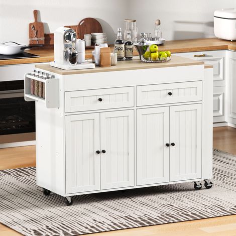 Îlot cuisine blanc+naturel sur roues,plan de travail et tiroirs,îlot mobile autoportant pour cuisine et salle à manger.