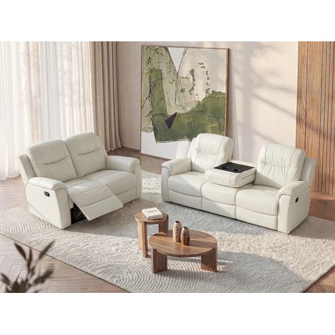 Vente-Unique – Canapé relax 3+2 places en cuir de vachette blanc ivoire – Assises relax manuelles – Plateau bar intégré – Structure en bois massif (1/5)