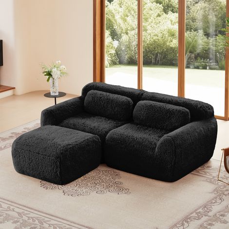 Divano ad angolo a 2 posti - 204x179x73 cm - modulabile e combinabile a piacere - con cuscini - tessuto peluche - nero (1/5)