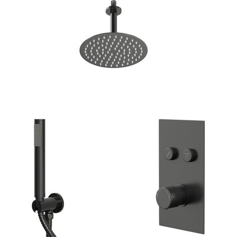 Colore Round Gunmetal Grey Push Button Diverter Concealed Thermostatic Shower Valve and 200mm Fixed Head with 150mm Ceiling Arm and Outlet Holder with Kit - 2 Outlet