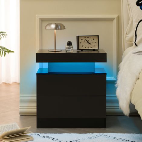 Table de Chevet Moderne avec LED Multicolore, 2 Tiroirs de Rangement, Bout de Canapé Design Noir - 50 x 53 x 36 cm