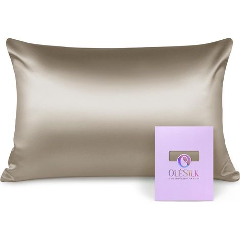 Taie Oreiller 100% Soie de murier, Douce Peau Cheveux, 50x70 Taupe (1/5)