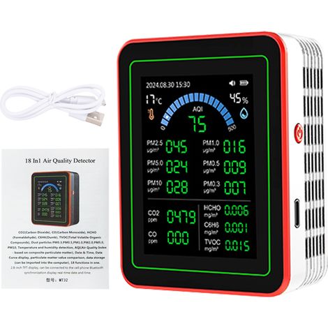 Eosnow 18-in-1 HCHO-Messgerät, Temperatur- und Luftfeuchtigkeitsmessgerät mit Farbbildschirm für das Heimbüro, erkennt Innen PM0,3 PM0,5 PM1,0 PM2,5 PM5,0 PM10 CO2 CO C6H6 TVOC Weiß
