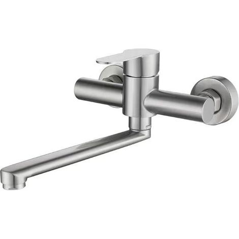 Robinet mural de cuisine, mitigeur mural en acier inoxydable, compatible évier, rotation à 360°, eau chaude et froide, trous de fixation réglables, 23 cm