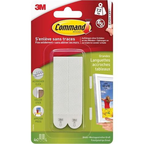 Bandes de Suspension pour Grandes Photos, Pack de 4x2 Bandes Adhésives, Blanc - Fixation sans Dommage - Pour Posters, Cadres et Miroirs