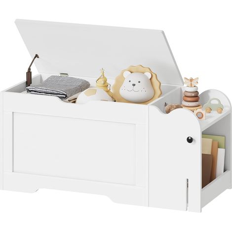 Meuble de Rangement, Banc de Rangement Blanc avec Couvercle, Charnières à Ralentisseur, Coffre à Abattant et Niche Latérale, Charge Max 100 kg, pour Chambre, Salon, Entrée (1/5)