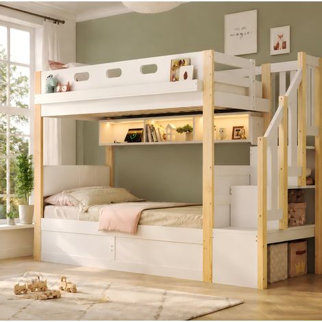 Kinder-Etagenbett 90x200 cm Weiß/Holz mit Stauraum, ohne Matratzen – MEUBLIV (1/5)