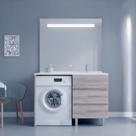 Cuisibane – Meuble machine à laver avec plan vasque déportée – Miroir LED ELEGANCE – Largeur 60 cm – Plan en résine 124 cm – Fabrication européenne
