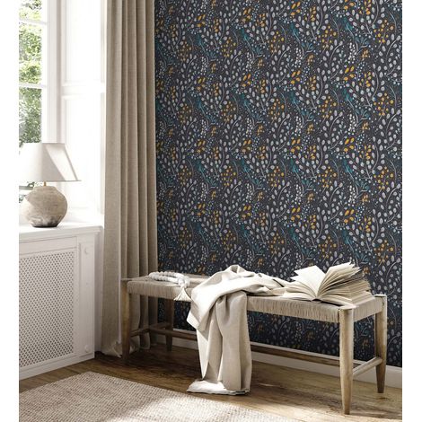 Papier peint floral sur fond noir Tapisserie à fleurs grises, bleues, oranges Papier peint style cottage campagne idéal pour chambre (1/4)