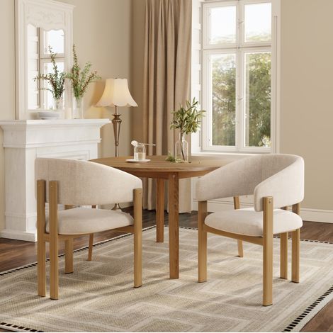 Sillas de comedor con reposabrazos, estructura de metal con efecto madera, tejido de lino beige (1/5)