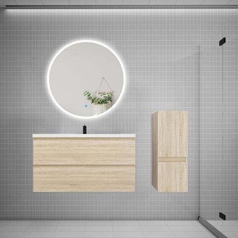 Ensemble meuble vasque L.99cm 2 tiroirs + lavabo + LED miroir rond 90cm + colonne,chêne