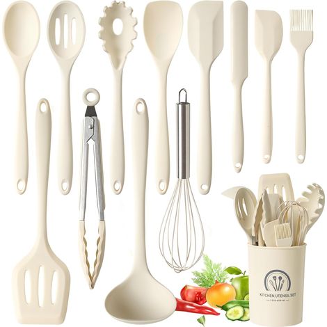13 Pièces Set Ustensile Cuisine Silicone, sans BPA, Antiadhésive Anti-Rayures Cuisine Accessoires, Passe au lave-vaisselle - Beige (1/5)