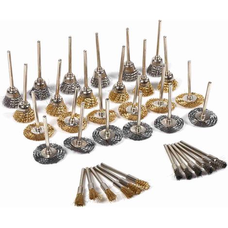 Set aus 36 Metallbürsten aus Messing und Stahl, in Topf- und Radform, rotierende Polier- und Reinigungswerkzeuge, komplettes Set. (1/5)