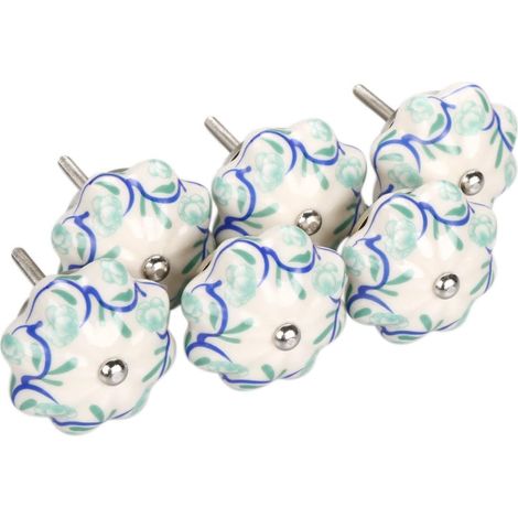 Lot de 6 pièces boutons ronds en céramique chics, de style ancien, bleus et blancs, à motif floral, peints à la main pour placards, penderies, armoires, tiroirs, portes, (1/5)