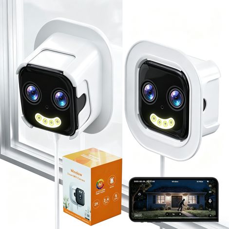 Caméra de Fenêtre WiFi 2K 3MP Double Objectif, Caméra de Surveillance Intérieure à Coller sur Vitre, Vision Nocturne Black Light 30 m, Détection de Mouvement, Alarme, Audio Bidirectionnel, Sécurité Ma (1/4)