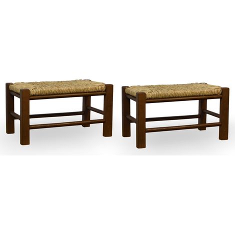 Sgabelli relax coppia poggiapiedi in legno noce scuro con sedile in paglia