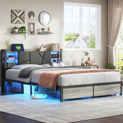 Lit double 160x200 cm avec sommier à lattes, lit coffre en fer avec 2 tiroirs, tête de lit rangement à étagères LED et USB, cadre métal 350 kg, design moderne (1/5)