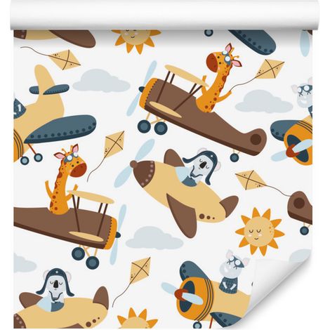 Papel pintado con simpáticos animales en aviones para salón y dormitorio, 50x1000 cm. (1/5)