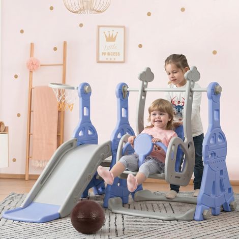 Area giochi per bambini 4 in 1 blu e grigia con altalena e scivolo - stazione gioco da giardino per interno ed esterno con canestro da basket per bambini da 1 a 6 anni
