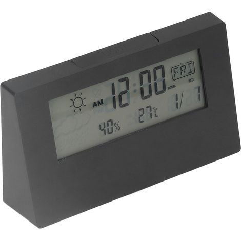 Réveil numérique avec fonction snooze, affichage LCD de l'heure, de la date, de la température et de l'humidité, horloge électronique de chevet avec éclairage, noir. (1/5)