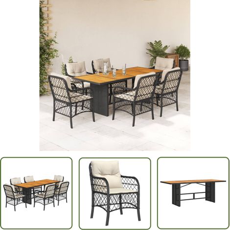 The Living Store 7-tlg. Garten-Essgruppe mit Kissen Schwarz Poly Rattan - Gartensessel - Gartenstuhl - Gartenmöbel Set - Outdoor Möbel - Rattan Gartenmöbel (1/5)
