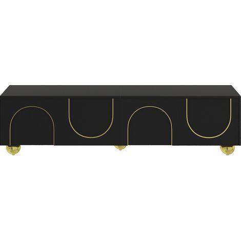 Mueble TV bajo negro de aglomerado con detalles dorados, 170 x 38 x 44 cm, 4 puertas push-to-open (1/5)