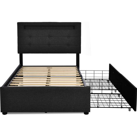 Sommier avec éclairage LED et 2 tiroirs, matelas inclus, lit simple rembourré 90x200 cm, tête de lit réglable en hauteur, sommier à lattes en bois, noir (1/5)