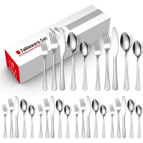 Ménagère 24 Pièces Couverts en Inox pour 4 Personnes – Design Martelé, Acier Inoxydable Alimentaire, Set Fourchettes Couteaux Cuillères, Compatible Lave-Vaisselle, Argent