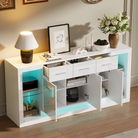 Buffet 160 x 40 x 75 cm avec bande lumineuse LED, 3 tiroirs, 14 étagères, base en verre trempé, coloris blanc (1/5)