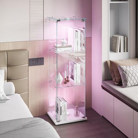 Standvitrine aus Glas mit LED, 3 Etagen, 1 Tür und Schloss, Weiß (1/5)