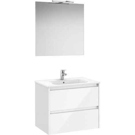 MUEBLE LAVABO 700MM TENET 2 CAJONES + ESPEJO Y APLIQUE LED BLANCO BRILLO (1/2)
