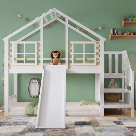 Letto a castello 90x200 cm bianco e naturale in legno e MDF con scivolo (1/5)