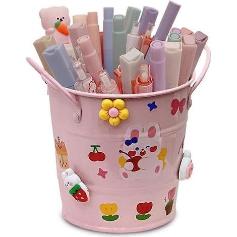 Pink Iron Pen Holder, Creative Pen Holder, Large Capacity Pen Holder, with Stickers, with Handgrip, Robust and Durable, for Children, Students (1/5)