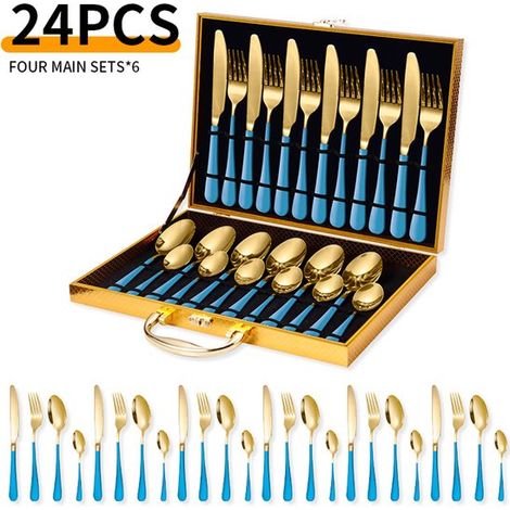 Service de table 24 pièces en acier inoxydable - Service de table - Service de couverts - Service de table pour 6 personnes - Avec boîte de rangement - Acier inoxydable - bleu/or (1/5)