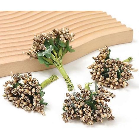 Étamines, fleurs artificielles, mini-fleurs fausses pour décoration intérieure, décoration de mariage, scrapbooking, guirlandes, loisirs créatifs, accessoires cadeaux12 pièces d'or (1/5)