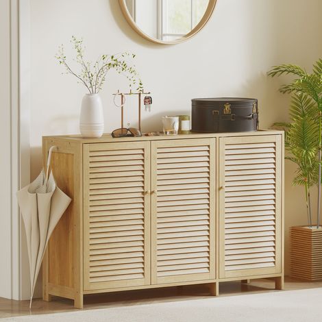 Armoire à Chaussures Bambou 18 Paires, Portes Persiennes, Étagères Réglables, Bois Naturel (1/5)