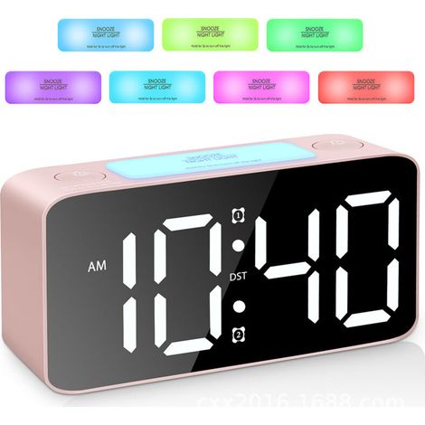 Réveil vibrant pour dormeurs profonds avec affichage numérique, lampe de chevet multicolore, volume ajustable et charge USB, réveil de voyage compact rose (1/5)