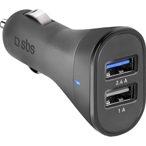 SBS Mini car charger 12/24V 2400 mAh fast charge with 2 USB port, black color (TECR2USB24AFAST)