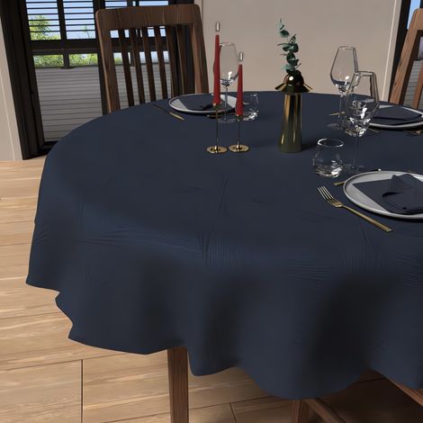Nappe ronde anti-tâches diamètre 180 cm LUXURY bleu nuit, par Soleil d'Ocre